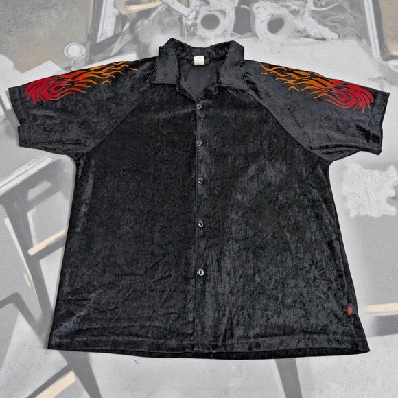 Vintage Y2K Crushed Velvet Button Down Flame Shirt Size Medium - Picture 1 of 10